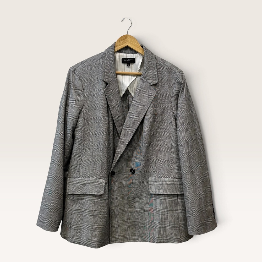 Talbots Woman Grey Glen Plaid Double Breasted Linen Blend Blazer Size 20W